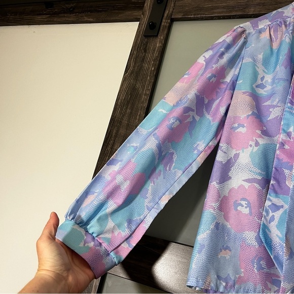 Vintage Anderson-Little Floral Paste Pink & Blue 70's Secretary Blouse with Bow - Picture 5 of 10